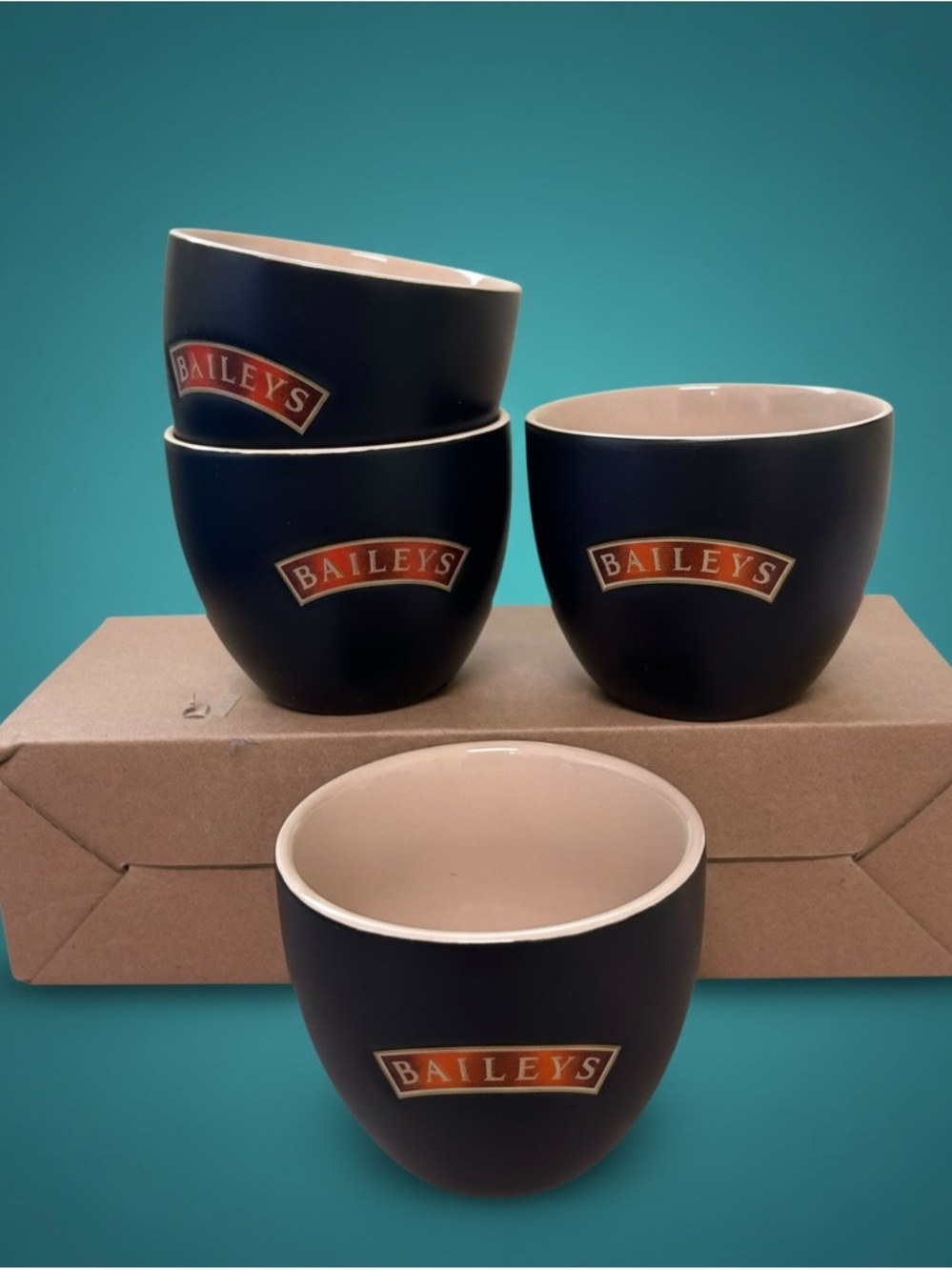 Vintage Baileys Promotional Black Cream Coffee Cup Lot of 4